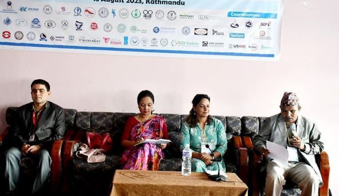Panelists from the left Bimal Paudel, Lili Thapa, Tika dahal and Ganesh Bk sitting in the dais
